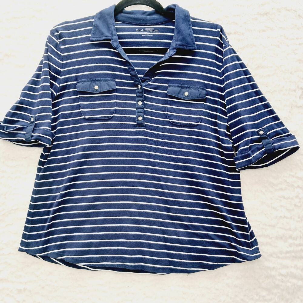 T-Shirt Women Navy White Stripe Coastal Preppy Nautical Cruise Henley Size XL